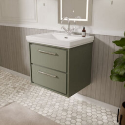 Balterley Longnor Modern Bathroom Wall Hung 2-Drawer Vanity Unit With Fireclay Basin, Fern Green, 600mm - thumbnail 4