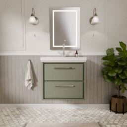 Balterley Longnor Modern Bathroom Wall Hung 2-Drawer Vanity Unit With Fireclay Basin, Fern Green, 600mm - thumbnail 2