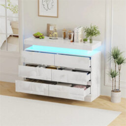 6 Drawer White High Gloss Bedside Table Cabinet Led Rgb Light Storage - thumbnail 3