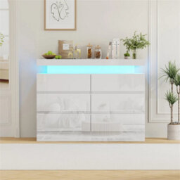 6 Drawer White High Gloss Bedside Table Cabinet Led Rgb Light Storage - thumbnail 1
