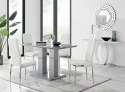 Furniturebox Imperia Grey High Gloss 4 Seater Dining Table With Structural 2 Plinth Column Legs 4 White Faux Leather Silver Leg Milan Chairs - thumbnail 1