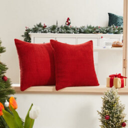 Deconovo Set Of 2 Corduroy Cushion Covers 50Cm X 50Cm, 20X20 Inches Grid Throw Pillow Casess For Kitchen Chairs(Red, 2 Pieces) - thumbnail 1