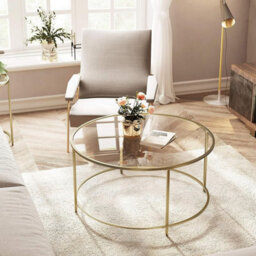 Songmics Round Coffee Table, Glass Table With Golden Iron Frame, Living Room Table, Sofa Table, Robust Tempered Glass, Stable - thumbnail 2