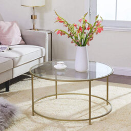 Round Coffee Table, Glass Table With Golden Iron Frame, Living Room Table, Sofa Table, Robust Tempered Glass, Stable