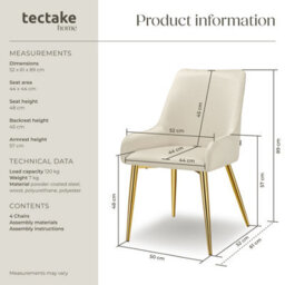 Tectake Set Of 4 Dining Chair Avane - Velvet Look, Padded Armchair, High Backrest And Armrests  - Beige - thumbnail 6