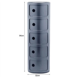 Grey - 5Tiers Cylindrical Round Storage Cabinet Cupboard Shelf Side End Table Shelf - thumbnail 4
