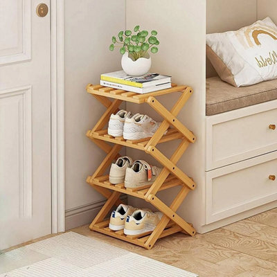 4-Tier Shoe Rack Natural Wooden Shoe Rack Foldable Bathroom Storage Rack No Assembly - image 1