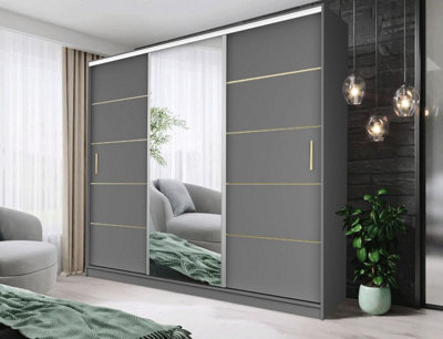Fhif Ibiza Gold 250Cm Grey Sliding Door Wardrobe Modern Bedroom Storage With Full Length Mirror Shelves And Hanging Rails - image 1