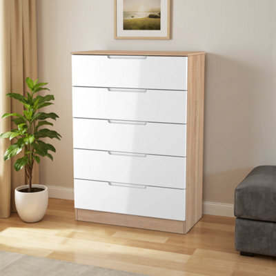 Messina Ready Assembled Gloss & Matt White & Oak 5 Drawer Wide Chest (H)1067mm (W)740mm (D)390mm - image 1