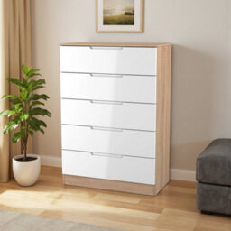 Messina Ready Assembled Gloss & Matt White & Oak 5 Drawer Wide Chest (H)1067mm (W)740mm (D)390mm - thumbnail 1