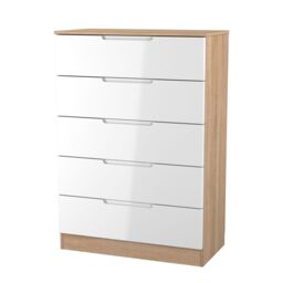 Messina Ready Assembled Gloss & Matt White & Oak 5 Drawer Wide Chest (H)1067mm (W)740mm (D)390mm - thumbnail 2