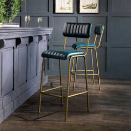 Where Saints Go Ltd Diner Bar Stools, Pack Of 2, Blue Ribbed Buffalo Leather, Antique Brass Metal Frames By Where Saints Go - thumbnail 1
