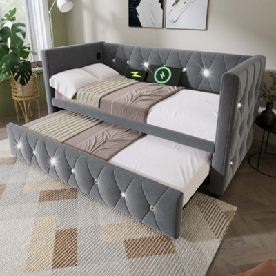 Btm 3Ft Single Upholstered Daybed 90X190Cm Sofa Bed With Usb Type C Charging Trundle Pull Out Velvet Grey - image 1