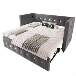 Btm 3Ft Single Upholstered Daybed 90X190Cm Sofa Bed With Usb Type C Charging Trundle Pull Out Velvet Grey - thumbnail 9