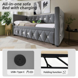 Btm 3Ft Single Upholstered Daybed 90X190Cm Sofa Bed With Usb Type C Charging Trundle Pull Out Velvet Grey - thumbnail 8