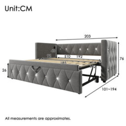 Btm 3Ft Single Upholstered Daybed 90X190Cm Sofa Bed With Usb Type C Charging Trundle Pull Out Velvet Grey - thumbnail 2