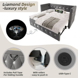 Btm 3Ft Single Upholstered Daybed 90X190Cm Sofa Bed With Usb Type C Charging Trundle Pull Out Velvet Grey - thumbnail 4