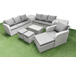 Fimous 10 Seater Poly Rattan Outdoor Garden Furniture Sofa Set 3 Seater Sofa 3 Stools 2 Side Table Light Grey - thumbnail 2
