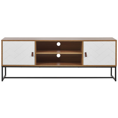 Beliani Modern Tv Stand, White And Light Wood With Black Metal Legs, Fits Up To 68-Inch Tvs, Cable Management - image 1