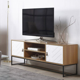 Beliani Modern Tv Stand, White And Light Wood With Black Metal Legs, Fits Up To 68-Inch Tvs, Cable Management - thumbnail 2