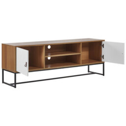 Beliani Modern Tv Stand, White And Light Wood With Black Metal Legs, Fits Up To 68-Inch Tvs, Cable Management - thumbnail 4