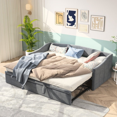 Daybed With Pull Out Trundle Bed, 3Ft Single Upholstered Sofa Bed, For Living Room And Bedroom, Velvet Grey/90X190Cm(No Mattress) - image 1