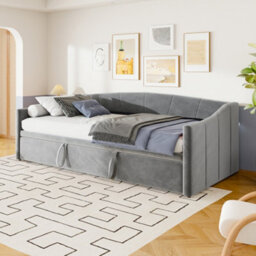 Daybed With Pull Out Trundle Bed, 3Ft Single Upholstered Sofa Bed, For Living Room And Bedroom, Velvet Grey/90X190Cm(No Mattress) - thumbnail 2