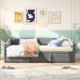 Daybed With Pull Out Trundle Bed, 3Ft Single Upholstered Sofa Bed, For Living Room And Bedroom, Velvet Grey/90X190Cm(No Mattress) - thumbnail 5