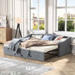 Daybed With Pull Out Trundle Bed, 3Ft Single Upholstered Sofa Bed, For Living Room And Bedroom, Velvet Grey/90X190Cm(No Mattress) - thumbnail 3