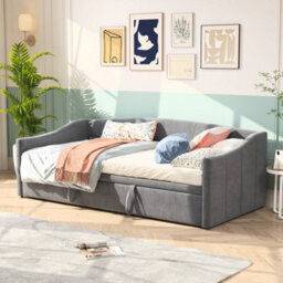 Daybed With Pull Out Trundle Bed, 3Ft Single Upholstered Sofa Bed, For Living Room And Bedroom, Velvet Grey/90X190Cm(No Mattress) - thumbnail 6