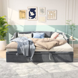 Daybed With Pull Out Trundle Bed, 3Ft Single Upholstered Sofa Bed, For Living Room And Bedroom, Velvet Grey/90X190Cm(No Mattress) - thumbnail 4