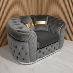 Stratus Interiors Ambassador Sofa Chesterfield Toronto Silver Trim Plush Velvet - Frill Design - Armchair Sofa For Living Room - Steel