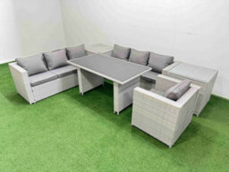 Fimous Patio Garden Furniture Sets With Black Glass Top Dining Table 3 Seater Sofa Armchair 2 Side Tables Light Grey - thumbnail 2