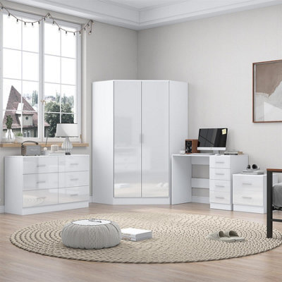 Reflect - 2 Door Corner + 6 Drawer Chest + 2 Drawer Bedside + 4 Drawer Desk - Gloss White / Matt White - image 1
