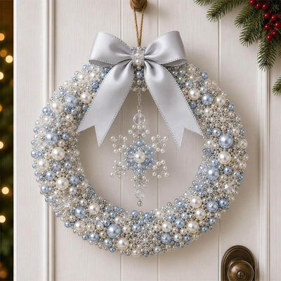 Amorly Diy Christmas Pearl Wreath Kit, Handmade Beaded Holiday Door Decor With Beads, Ribbon And Instructions, Craft Gift (Snowflake) - image 1