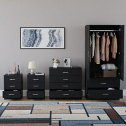 Lassic Vida Designs Riano 4 Piece Bedroom Set (3 Drawer Bedside Chest, 5 Drawer Chest, 2 Door 2 Drawer Wardrobe), Black - thumbnail 2