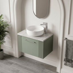 Balterley Belvide Partial Fluted 1 Drawer Wall Hung Vanity Unit With Bellato Grey Laminate Worktop - 600mm - Satin Green - thumbnail 3