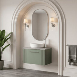 Balterley Belvide Partial Fluted 1 Drawer Wall Hung Vanity Unit With Bellato Grey Laminate Worktop - 600mm - Satin Green - thumbnail 4
