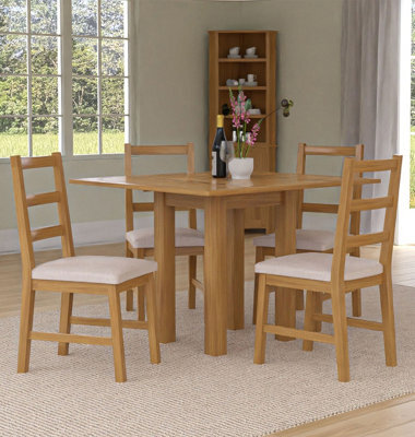 Hallowood Furniture Waverly Small Folding Table With 4 Ladder Back Oak Chairs With Beige Fabric Seats - image 1