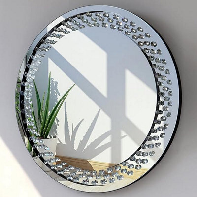 Biznest Large Floating Jewelled Round Wall Mirror Floating Diamante Glitz Clear Jewelled 60Cm - image 1