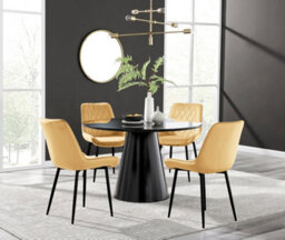 Furniturebox Palma Black Semi Gloss Round Dining Table & 4 Mustard Pesaro Black Leg Chairs