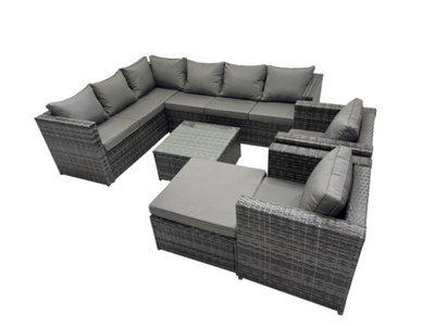 Fimous Rattan Garden Furniture Patio Furniture Sets With Corner Sofa Square Coffee Table Big Stool Dark Grey Mixed - image 1