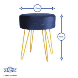 Harbour Housewares 2X Velvet Footstools - Round Modern Dressing Table Footstool Vanity Seat Chairs - 40 X 35Cm - Blue/gold - thumbnail 3
