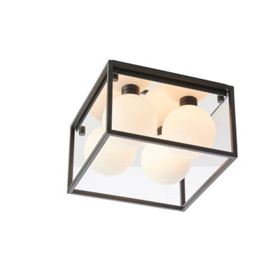 Matt Black Square Framed Semi Flush Bathroom Ceiling Light & Sphere Glass Shades - image 1
