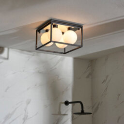 Matt Black Square Framed Semi Flush Bathroom Ceiling Light & Sphere Glass Shades - thumbnail 3