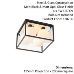 Matt Black Square Framed Semi Flush Bathroom Ceiling Light & Sphere Glass Shades - thumbnail 2
