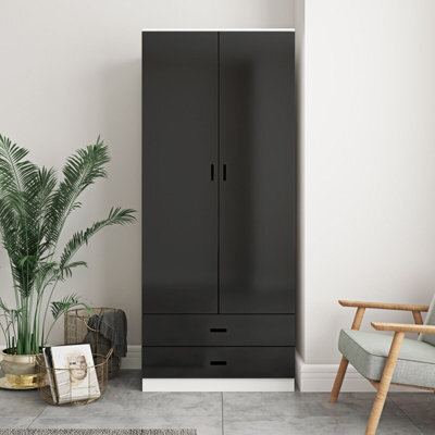 Urbn-Living Urbnliving Height 180Cm Glossy White Carcass & Black Drawers Tall 2 Door Wardrobe Bedroom Storage Hanging Rail Modern Furniture - image 1
