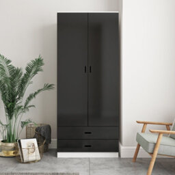 Urbn-Living Urbnliving Height 180Cm Glossy White Carcass & Black Drawers Tall 2 Door Wardrobe Bedroom Storage Hanging Rail Modern Furniture - thumbnail 1
