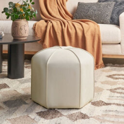 Wyld And Coco Velvet Round Pouffe 45Cm Light Beige - Modern Footstool, Rubberwood Base - thumbnail 2