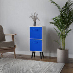 Urbn-Living Urbnliving 54Cm Height 2 Tier White Wooden Storage Bookcase Scandinavian Style Black Legs With Dark Blue Inserts - thumbnail 2